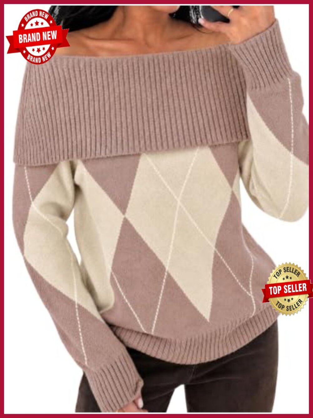 Off Shoulder Argyle Sweater Color Block Chunky Knit Pullover